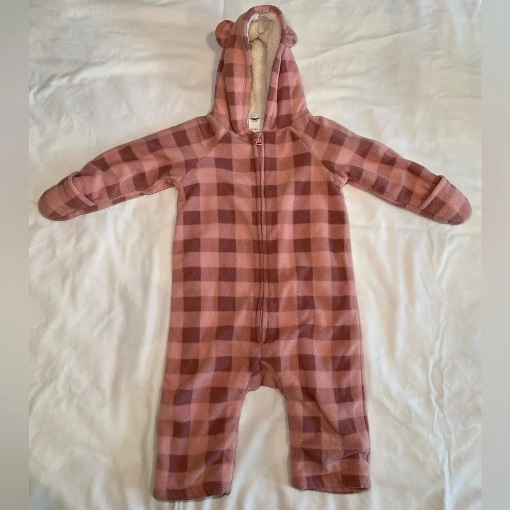 One-Piece Onesie | Kids 12-18M | Fleece Pink Plaid Bear - Picture 2 of 7